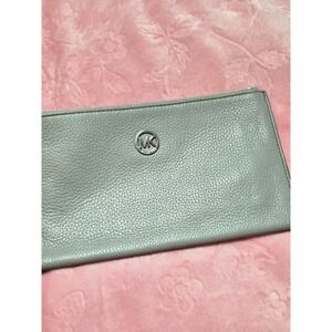 Michael Kors Adele Wristlet Light Grey Pebbled Leather Silver MK Logo Pouch Bag